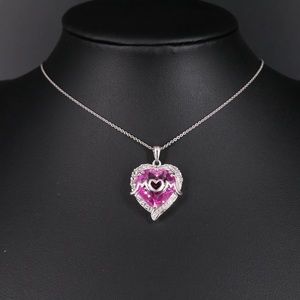 Lab Grown Ruby and White Sapphire Mom Heart Pendant Necklace in Sterling Silver